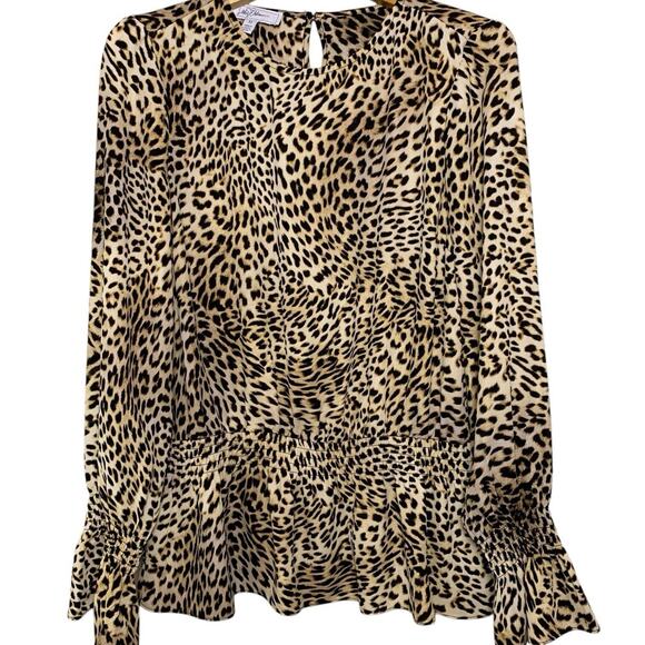 Libby Edelman Top Size Medium Leopard Print Gathered Waist Peplum Mob Wife - Picture 1 of 7